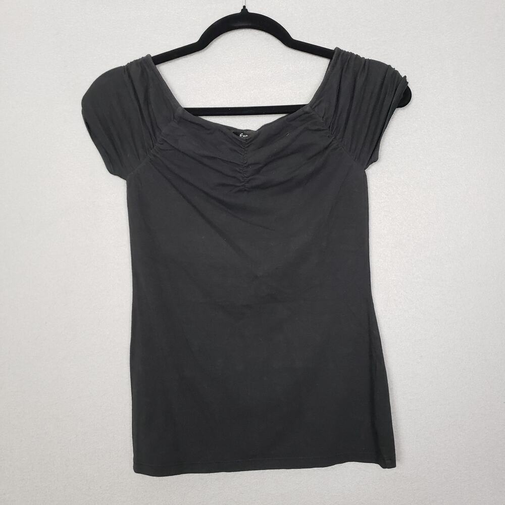 Y2K Express Size S Off Shoulder Ruched Blouse Black Cap Sleeve Going Out Top